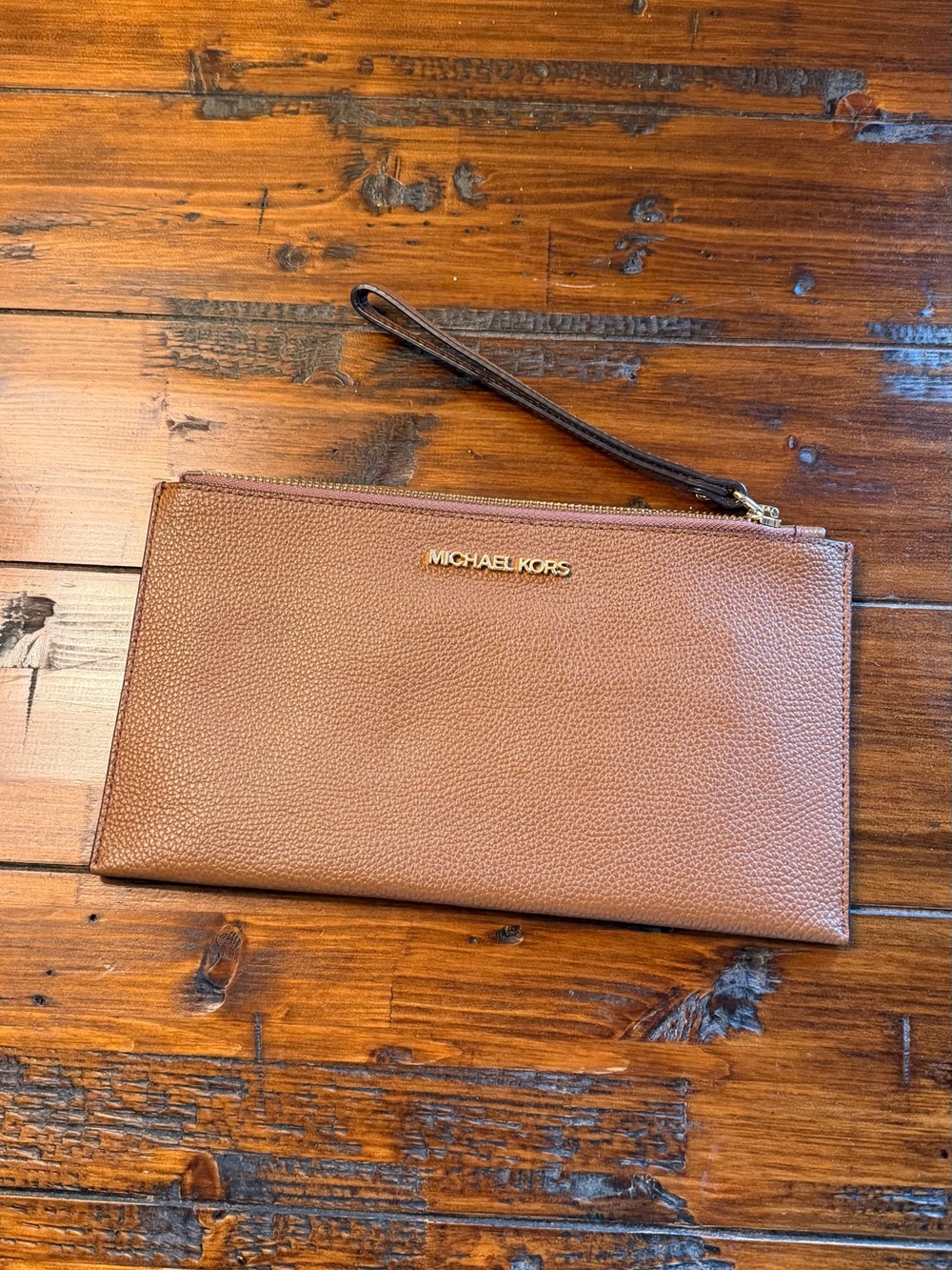 Michael Kors Brown Pebbled Leather Wristlet Clutch with Gold Logo